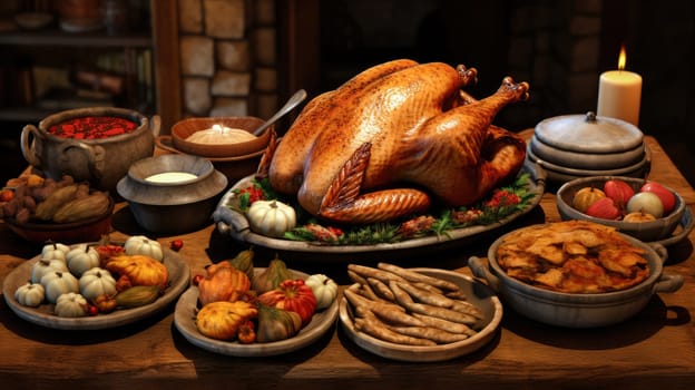 A festive richly plated Thanksgiving table with roasted turkey and other Thanksgiving foods.