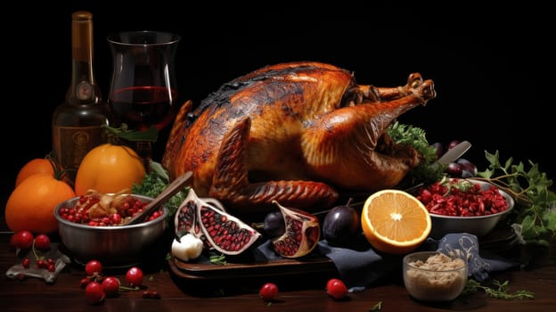 A festive richly plated Thanksgiving table with roasted turkey and other Thanksgiving foods.