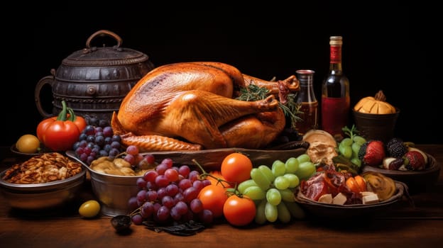 A festive richly plated Thanksgiving table with roasted turkey and other Thanksgiving foods.