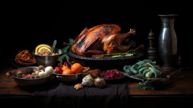 A festive richly plated Thanksgiving table with roasted turkey and other Thanksgiving foods.