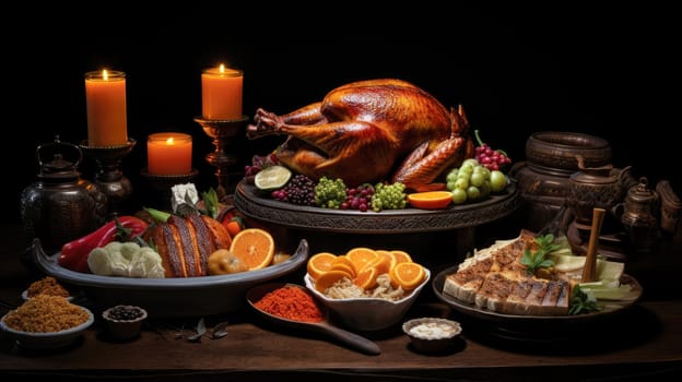 A festive richly plated Thanksgiving table with roasted turkey and other Thanksgiving foods.