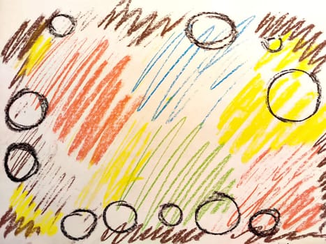 Abstract background, fine drawn texture with multicolored randomly shaded spots and circles. Frame, place for text, copy space. Red, Brown, Yellow, Green
