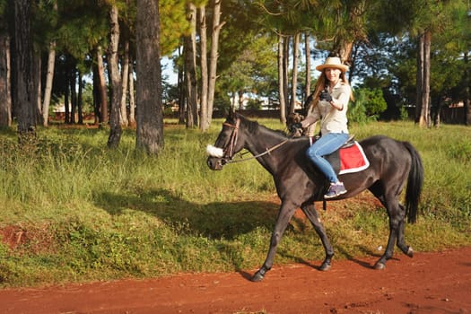 Young woman in shirt and straw hat, riding dark brown horse in the park, blurred background with houses and trees