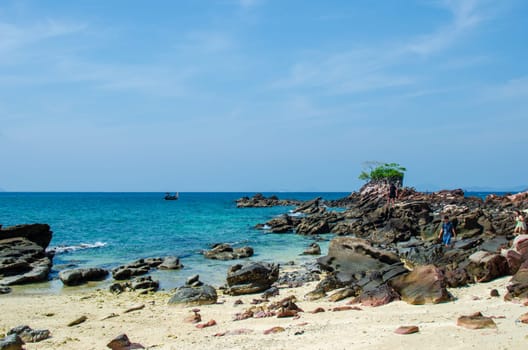 Rocks and stone beach Similan Islands with famous Sail Rock, Phang Nga Thailand nature landscape.