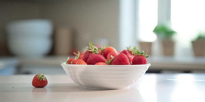 Strawberries in a bowl on the kitchen table with blurred background