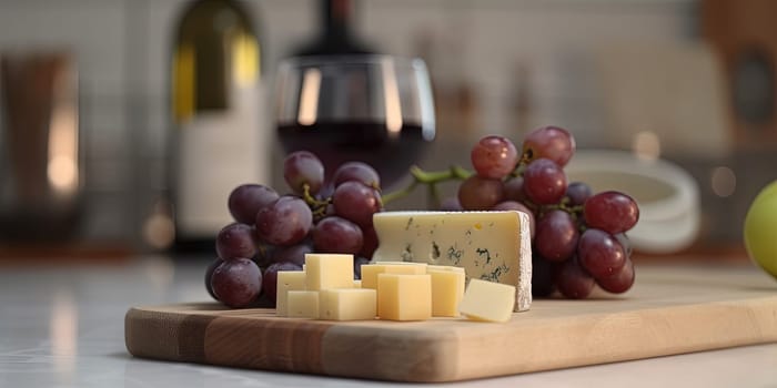 Cheese cubes, grapes and a glass of wine on a cutting board in the kitchen