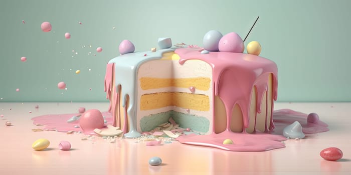 3d render of a sliced cake in pastel colors