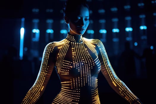 Gorgeous Model In A Glowing Futuristic Outfit, Light Show At A Fashion Event