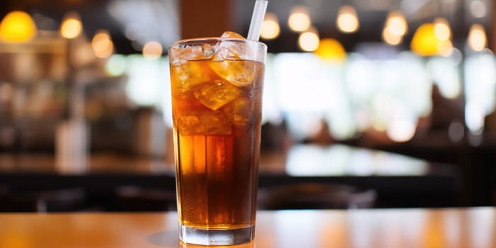 Coke glass with ice and lemon on a table in a cafe