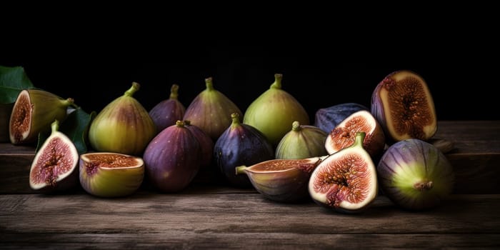 Bunch of fig fruits lie on the wooden table