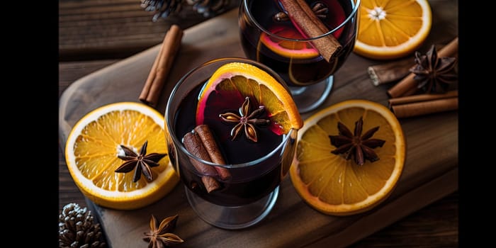 Hot gluhwein in two glasses, mulled wine with oranges and spices on a wooden table
