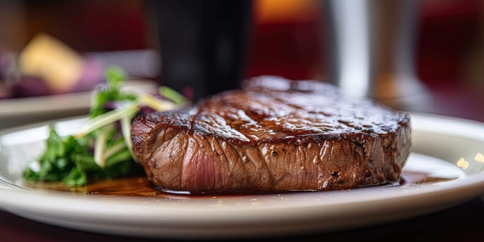 Close-up of a grilled steak on a plate in a restaurant