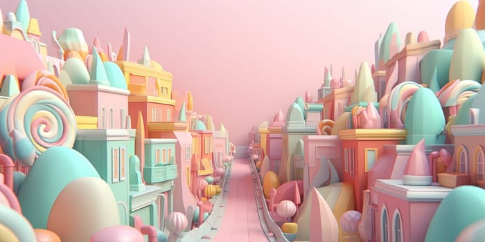 Mini city out of candies in pastel colors on a pink background, cartoon render