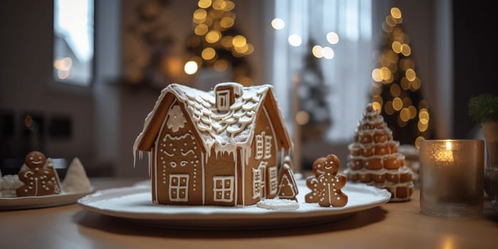 Cose-up of a gingerbread house on a table with blurred background