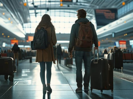 Rear view of man and woman with suitcase in airport terminal indoors. Travel and flight journey, trip concept. Passenger In beautiful airport terminal. People in modern airport terminal indoors