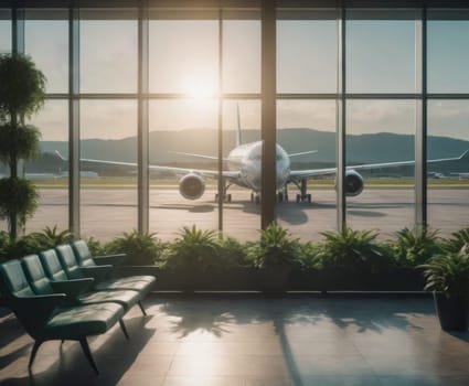 Empty airport terminal with aircraft in window. Travel and journey concept on airplane. Beautiful modern airport terminal indoors, copy space