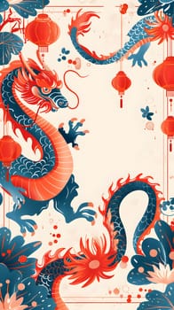 An intricate textile art piece featuring two dragons, lanterns, and a vibrant orange and electric blue color pattern against a white background