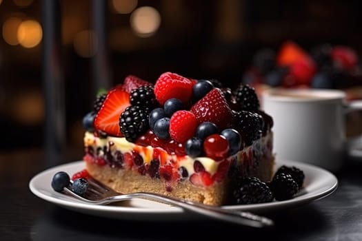 Close-up view of a slice of cake with assorted berries on a plate, ready to eat, on the table with a blurred background