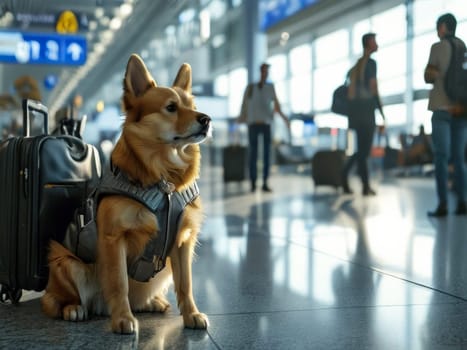 Dog sitting near suitcase in airport terminal interior. Travel and security in public places concept