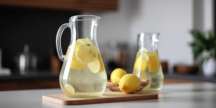 Glass jugs with fresh cold lemonade with lemons on a kitchen table