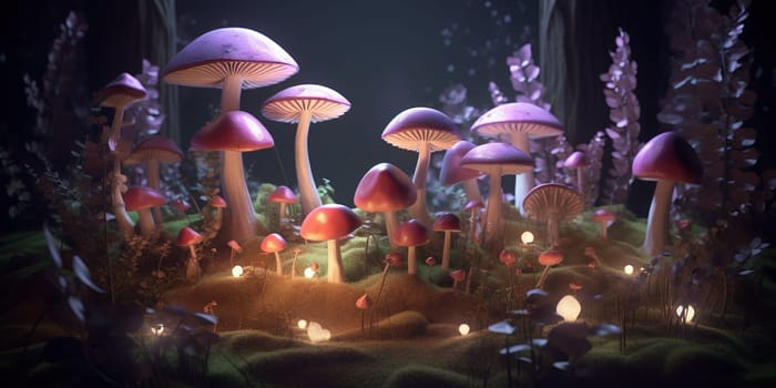 Magical Illustration Of Illuminated Mushrooms In Fairly World