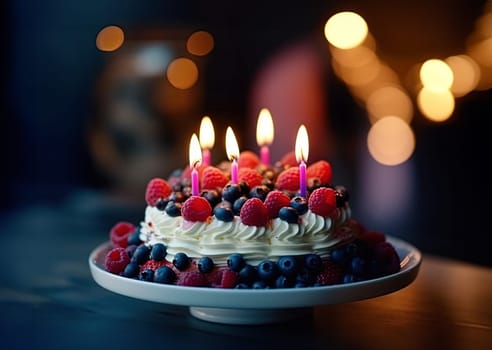 Close-up shot of a small cake with assorted berries and candles on a plate on the table with a blurred background