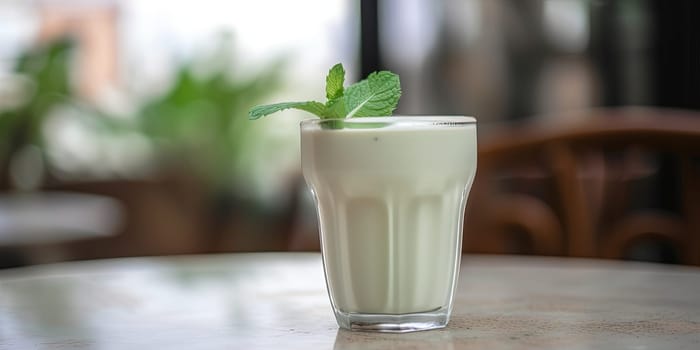 Milk cocktail with mint on a table in cafe