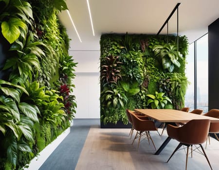 Beautiful vertical garden indoors. Living green wall in modern office interior. Urban jungles. Interior design with green wall