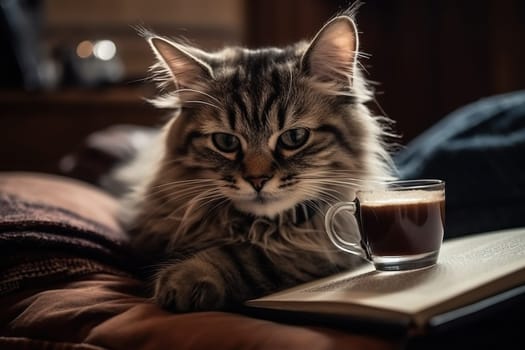 Kitten Lies On A Soft Couch, Reading A Book Like A Human With Coffee Cup