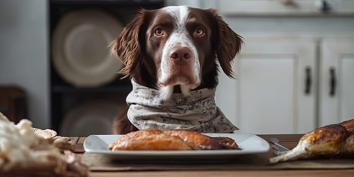 English Springer Spaniel in vintage scarf sits at the dinner table