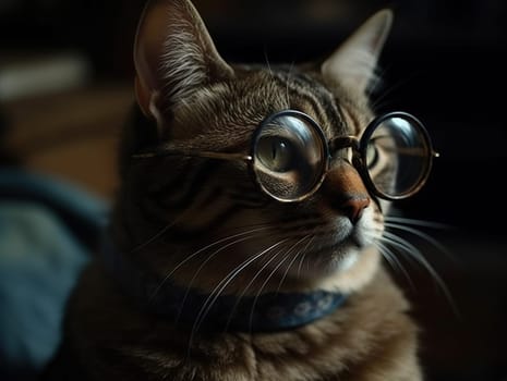 Portrait Of Smart Cat In Glasses , Concept Of Curiosity And Intelligence