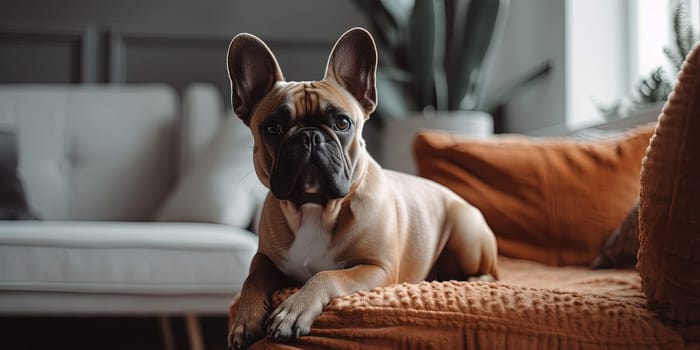 French bulldog dog lying on the couch at home, close-up