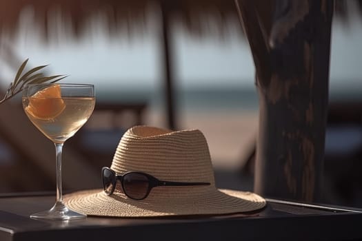 Close-Up Shot Of A Beach Hat And Cocktail With A Beach In Blurred The Background