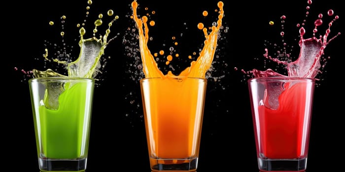 Glasses with colourful juices splashing on a black background