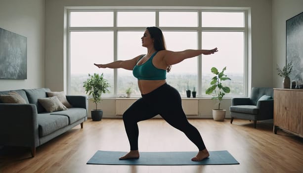 Large woman, yoga practice near sofa, leggings and top attire. Bright room, large window, floor-standing flower