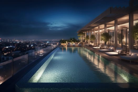 Magnificent Large Rooftop Hotel Pool In A Towering Skyscraper Overlooks Bustling City