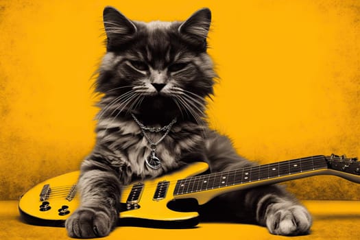 Adorable Cat Holding Toy Electric Guitar On An Orange Background , Rock Musician Concept