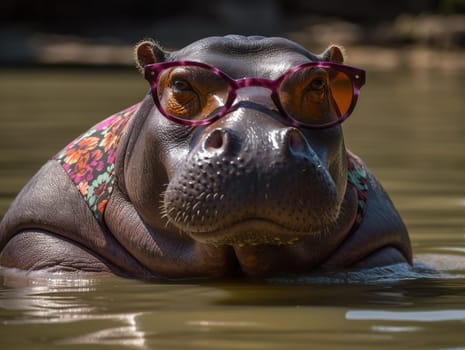 Funny Big Hippo In Cool Pink Glasses In Close-Up