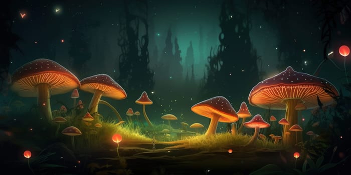 Illustration Fabulous Magic Mushrooms Lighting In Night Forest