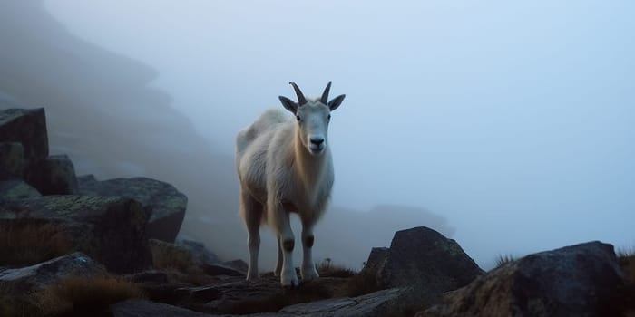 Domestic Goat On A Mountain Path In The Evening Mist