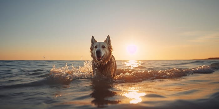 Dog swimming near shore paints beautiful picture during sunset, making beach and ocean more mesmerising.