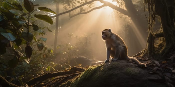 Macaque Monkey In The Jungle In The Evening At Sunset