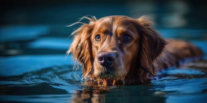 Dog enjoys swimming in pool filled with water.