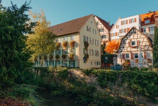 Old national German town house. Old Town is full of colorful and well preserved buildings. Baden-Wurttemberg is a state in southwest Germany bordering France and Switzerland. The Black Forest, known for its evergreen scenery and traditional villages, lies in the mountainous southwest. Stuttgart, the capital, is home to Wilhelma, a royal estate turned zoo and gardens. Porsche and Mercedes-Benz have headquarters and museums there. The 19th-century Hohenzollern Castle sits in the Swabian Alps to the south.