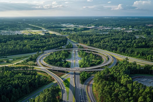 A birds eye view of a complex highway interchange with multiple lanes and ramps, all enclosed by lush green trees.