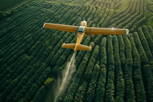 A bright yellow airplane soars above a vibrant green field on a sunny day, showcasing the beauty of flight against a backdrop of nature.