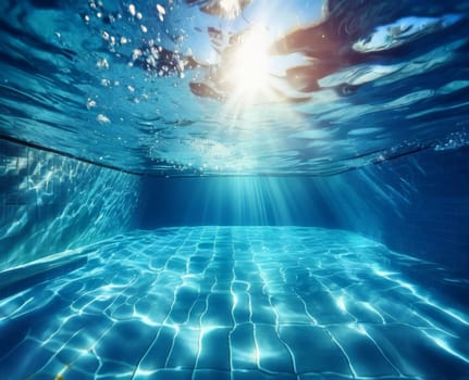 Underwater in swimming pool. Copy space and wallpaper background of summer water texture underwater in bottom of swimming pool