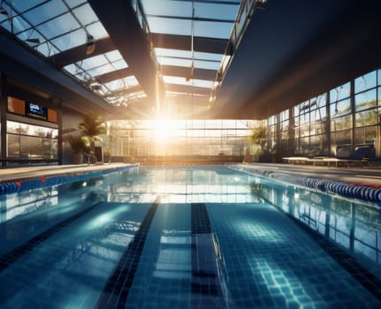 Swimming pool indoors. Beautiful empty swimming pool with amazing sunlight. Sport and relax concept