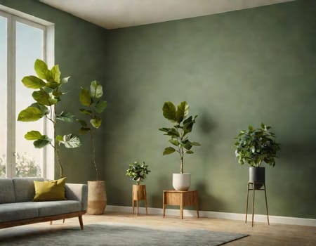 Living room interior with green color wall. Scandinavian and boho style room interior with natural potted plants. Interior design with green sage color of wall