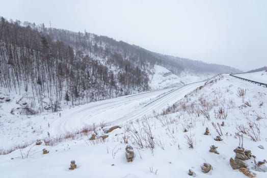 The mountain road near Russian national resort Belokurikha in Altai mountains.